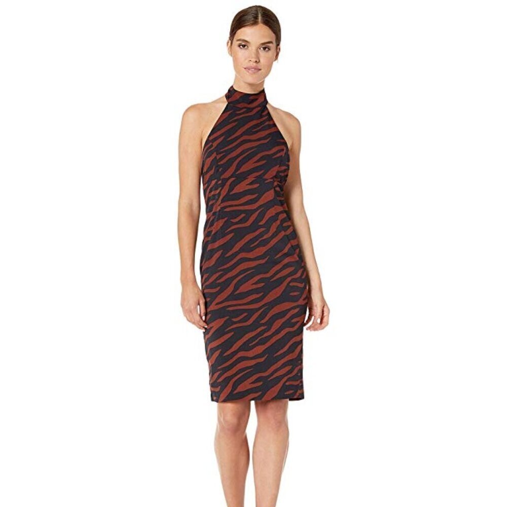 Bardot Sammie Halter Dress Brown Zebra Print | Size 6 NWT | Open Back Sheath - Picture 1 of 3